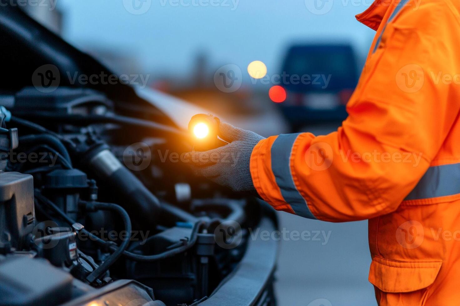 A man in an orange jacket is holding a flashlight photo