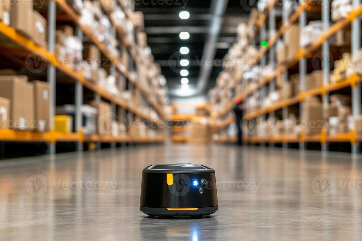A robot is sitting in the middle of a warehouse photo