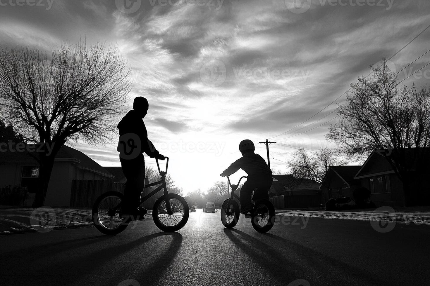 A man and a child riding bikes on a street photo