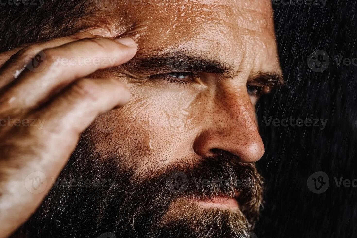 A man with a beard and beard is looking at his face photo