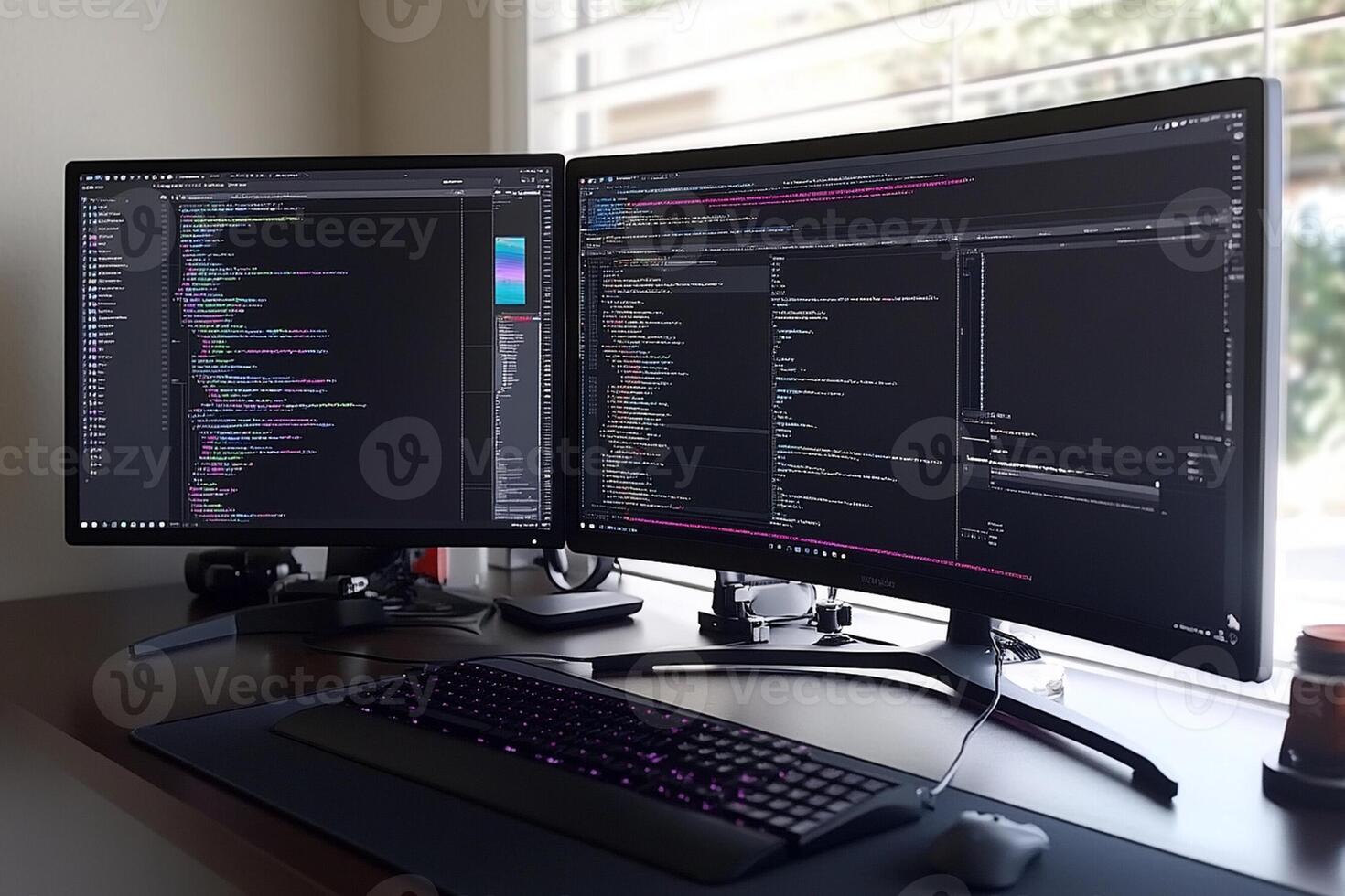 Two computer monitors on a desk with a keyboard and mouse photo