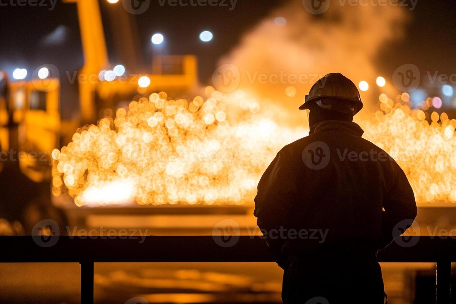 A man in a hard hat is looking at a large pile of fire photo
