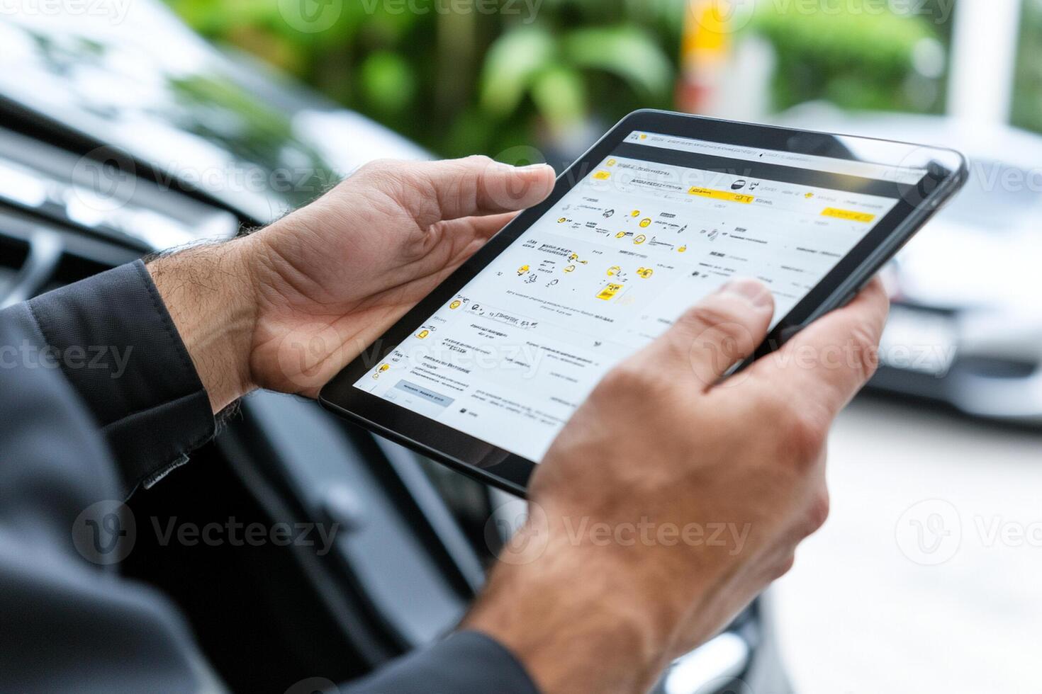 A man is using a tablet to check the car's app photo