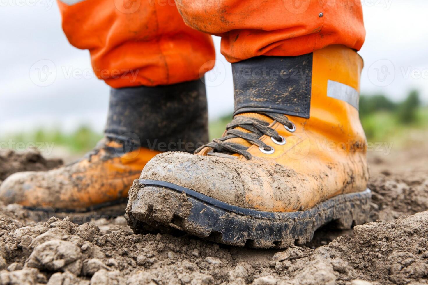 A person wearing orange work boots standing in the mud photo