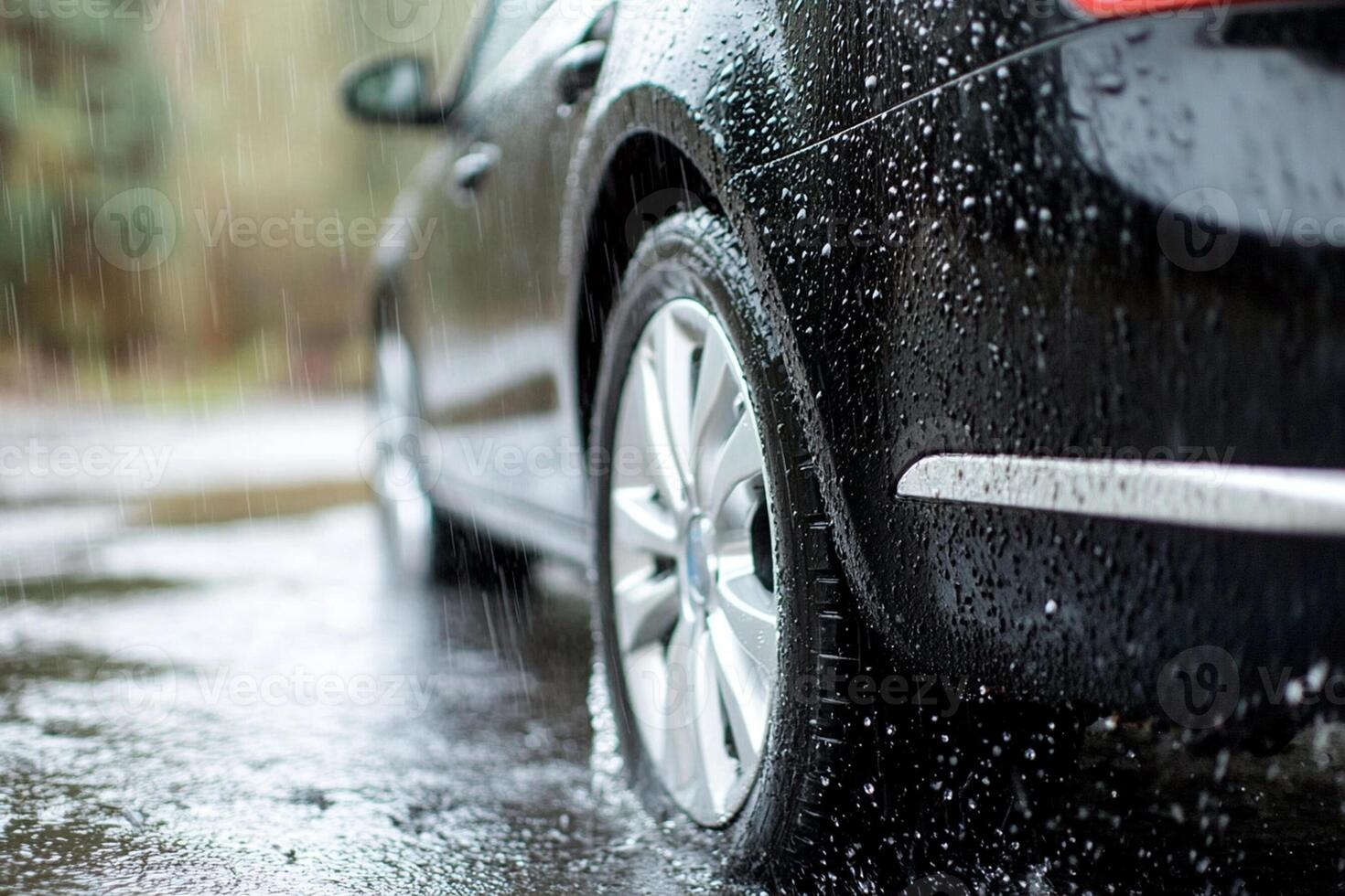 A close up of a car with rain on the tires photo