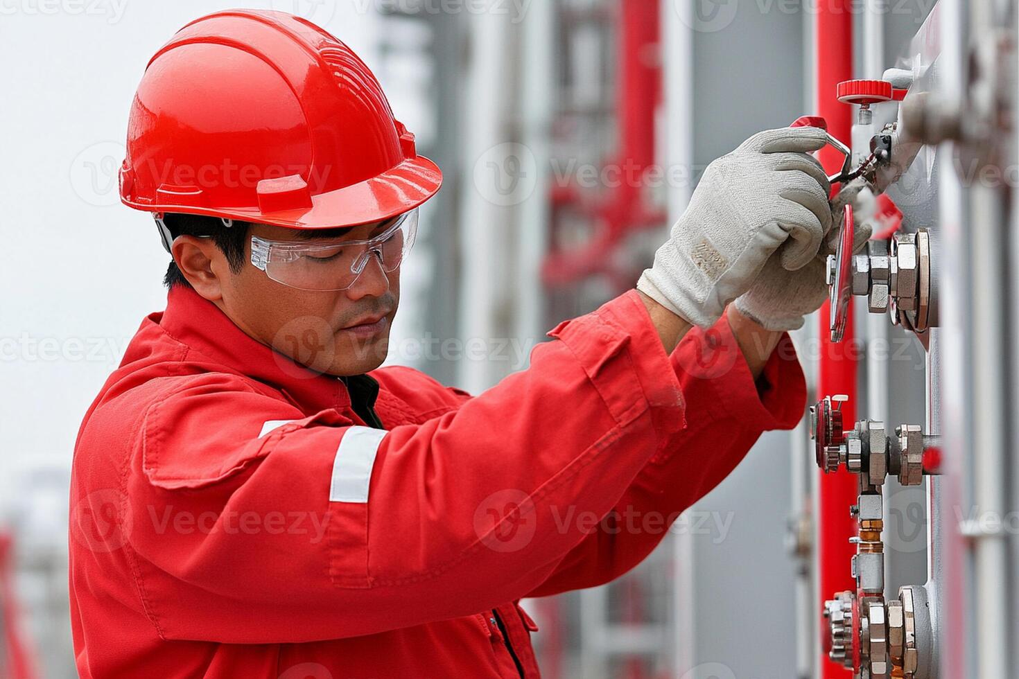 A man in a red hard hat and safety glasses working on a pipe photo