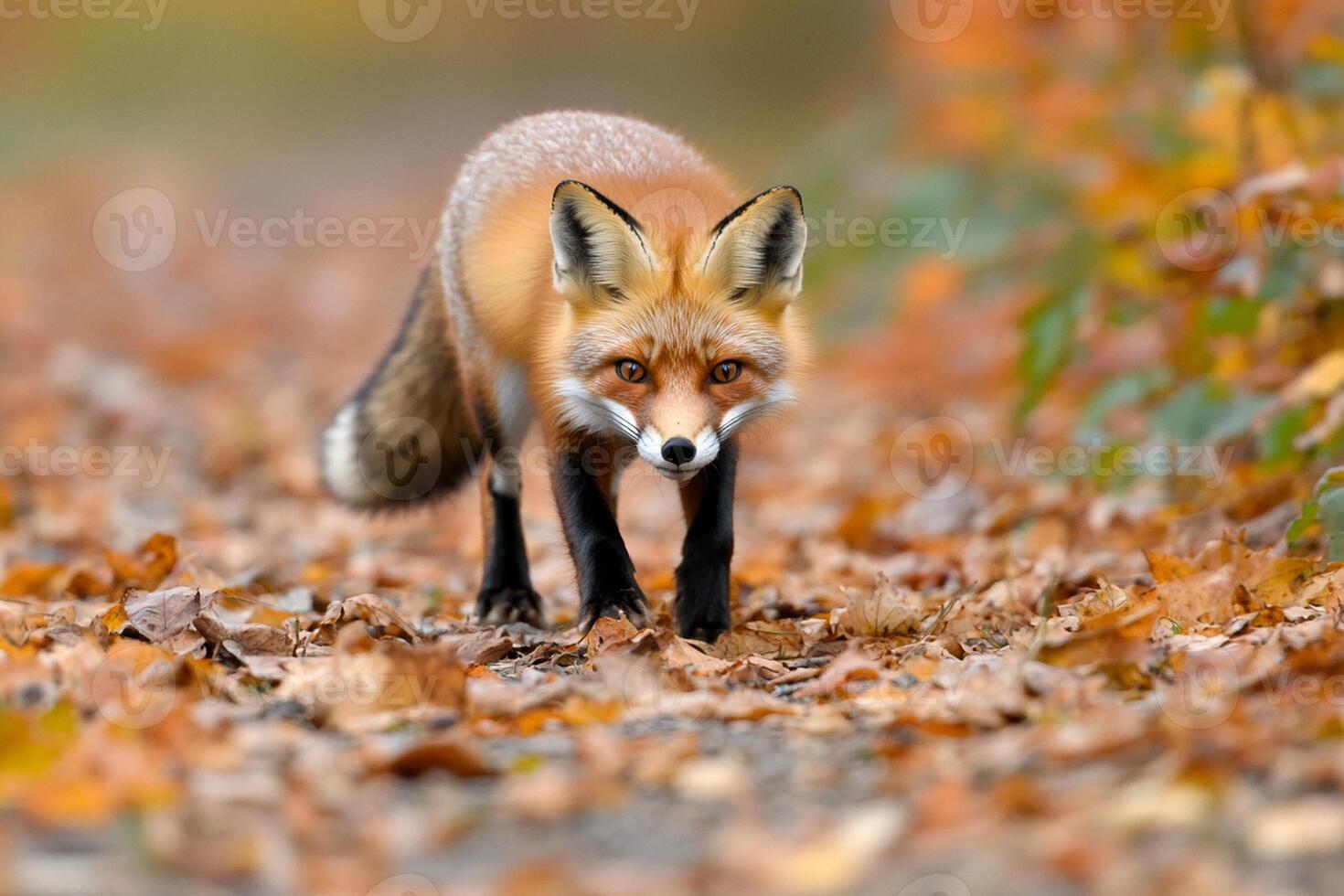 A red fox walks through the leaves in the forest photo