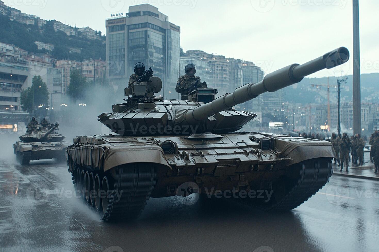 A tank driving down a street with a group of people photo