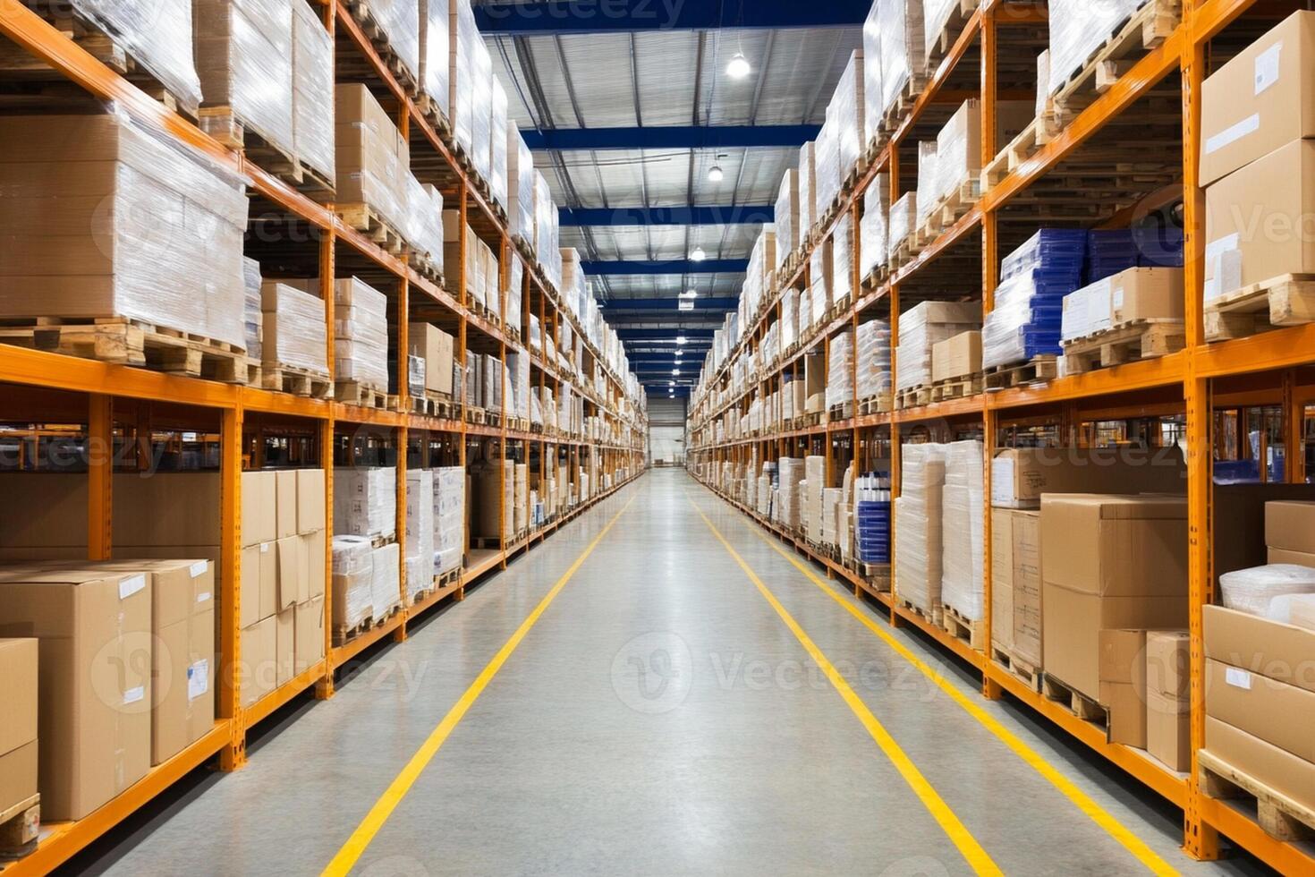 A warehouse aisle with boxes and shelves photo