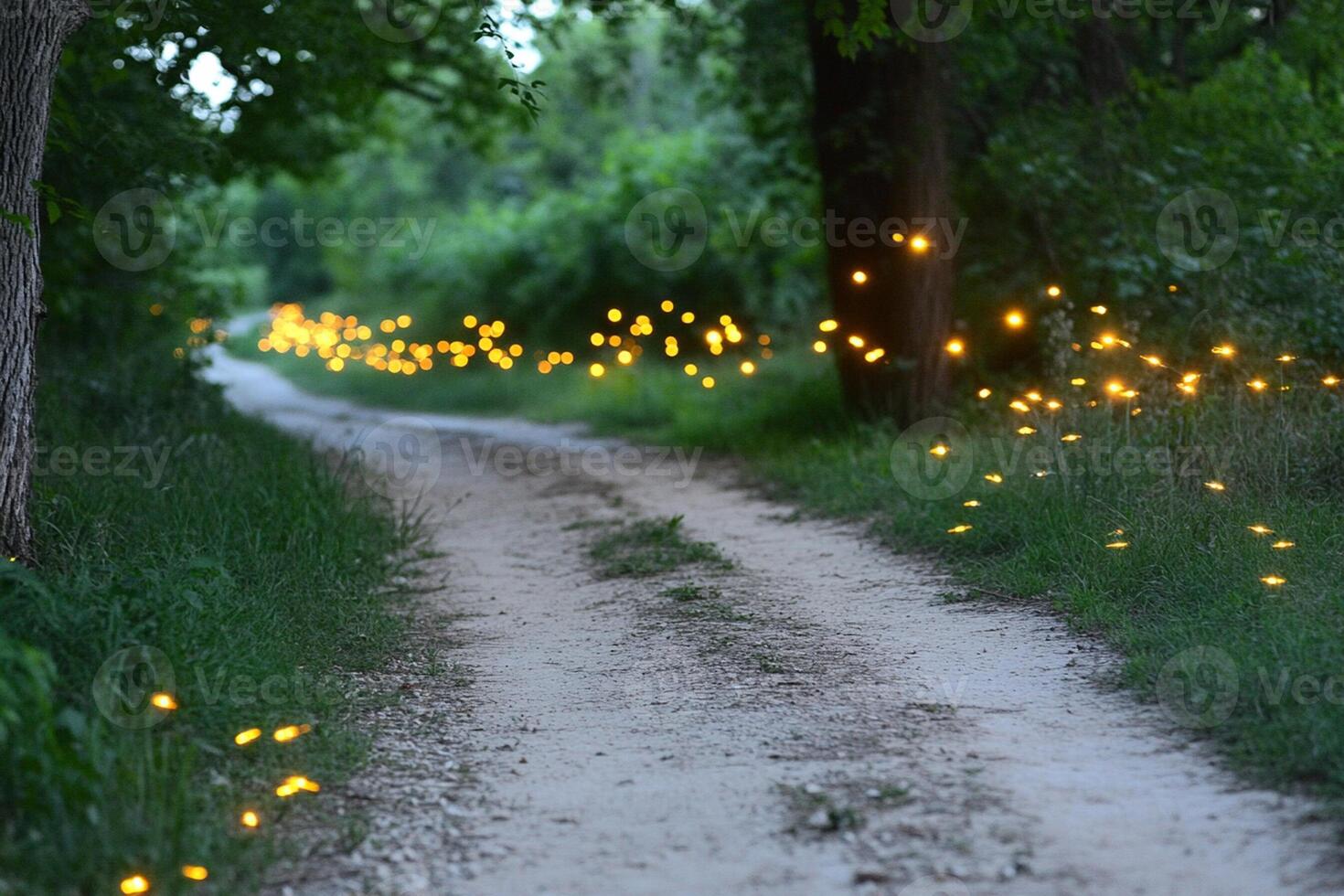 A dirt road with yellow lights on it photo