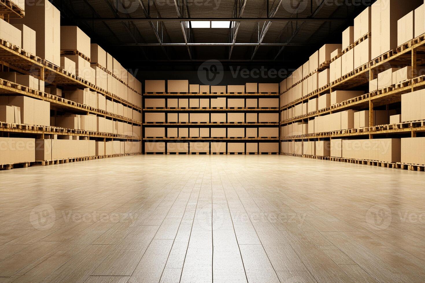 A large warehouse with many boxes on the floor photo