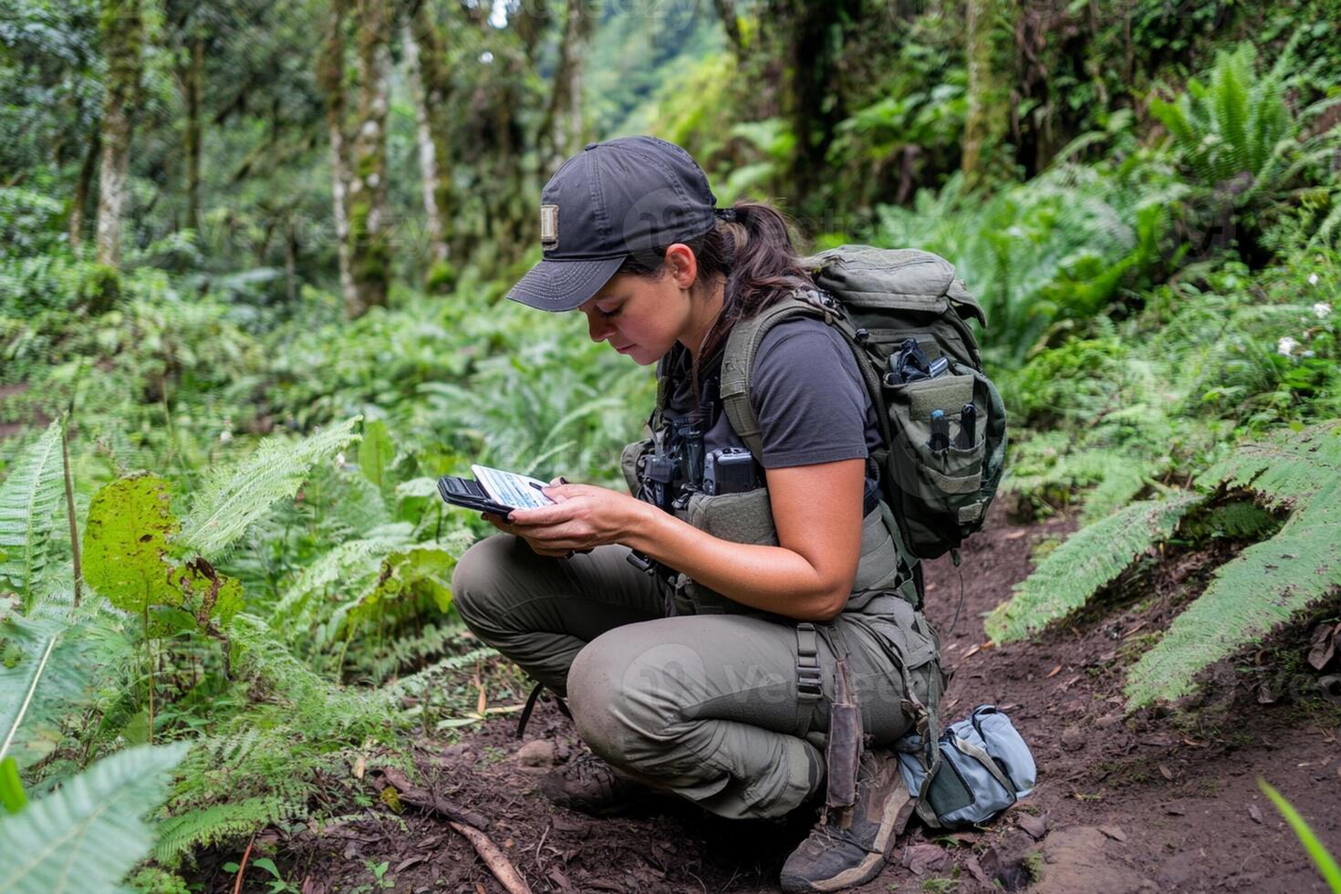 A woman in a backpack crouches down in the jungle photo