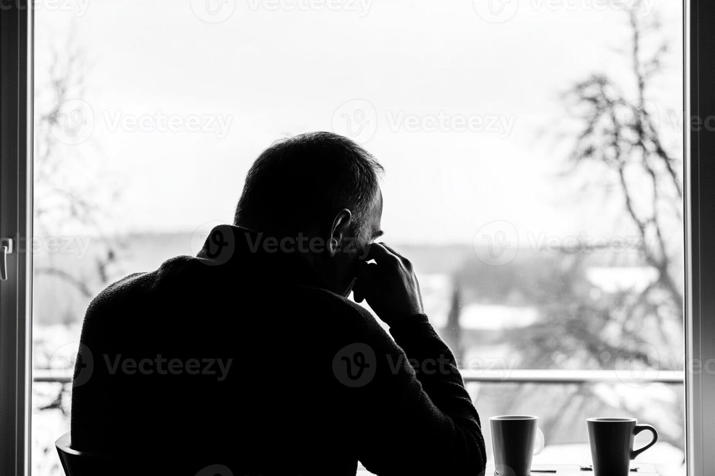 A man sitting at a table with a cup of coffee photo