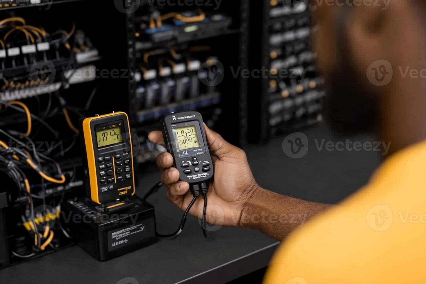 A man holding a multimeter in front of a computer photo