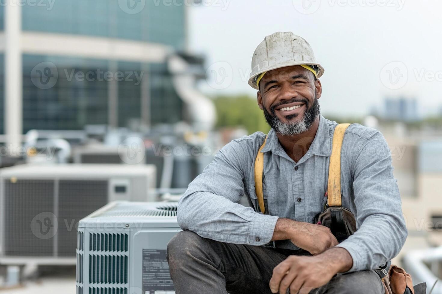 A smiling black man in hard hat sitting on top of a cooling unit photo