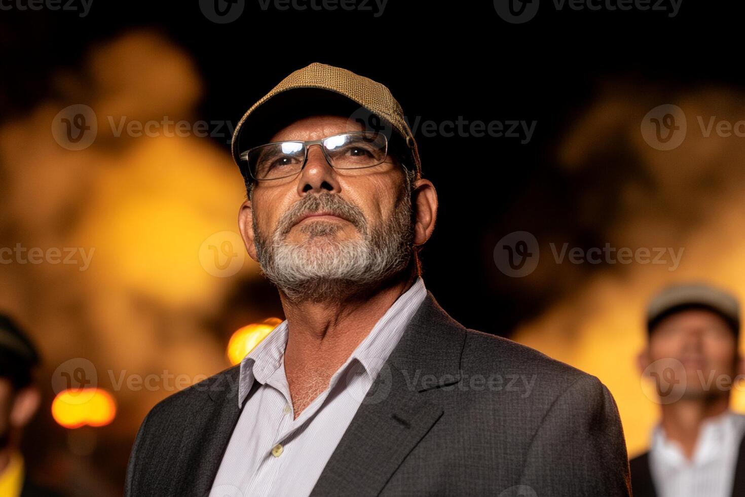 A man with a beard and hat stands in front of a group of men photo