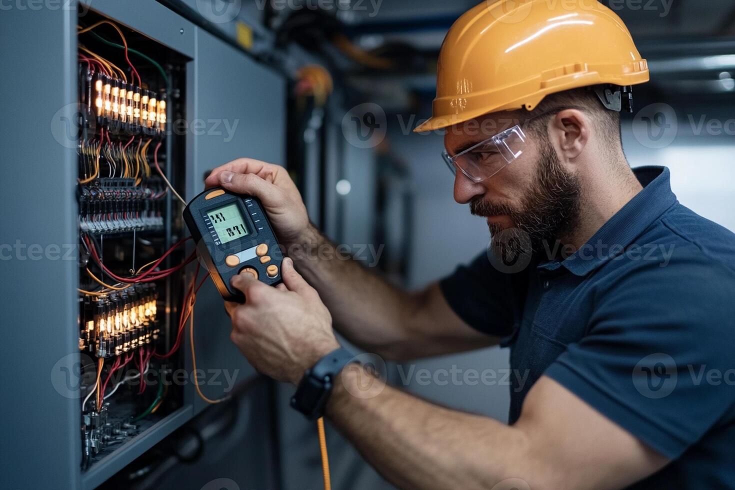 A man in a hard hat and helmet is using a multimeter photo