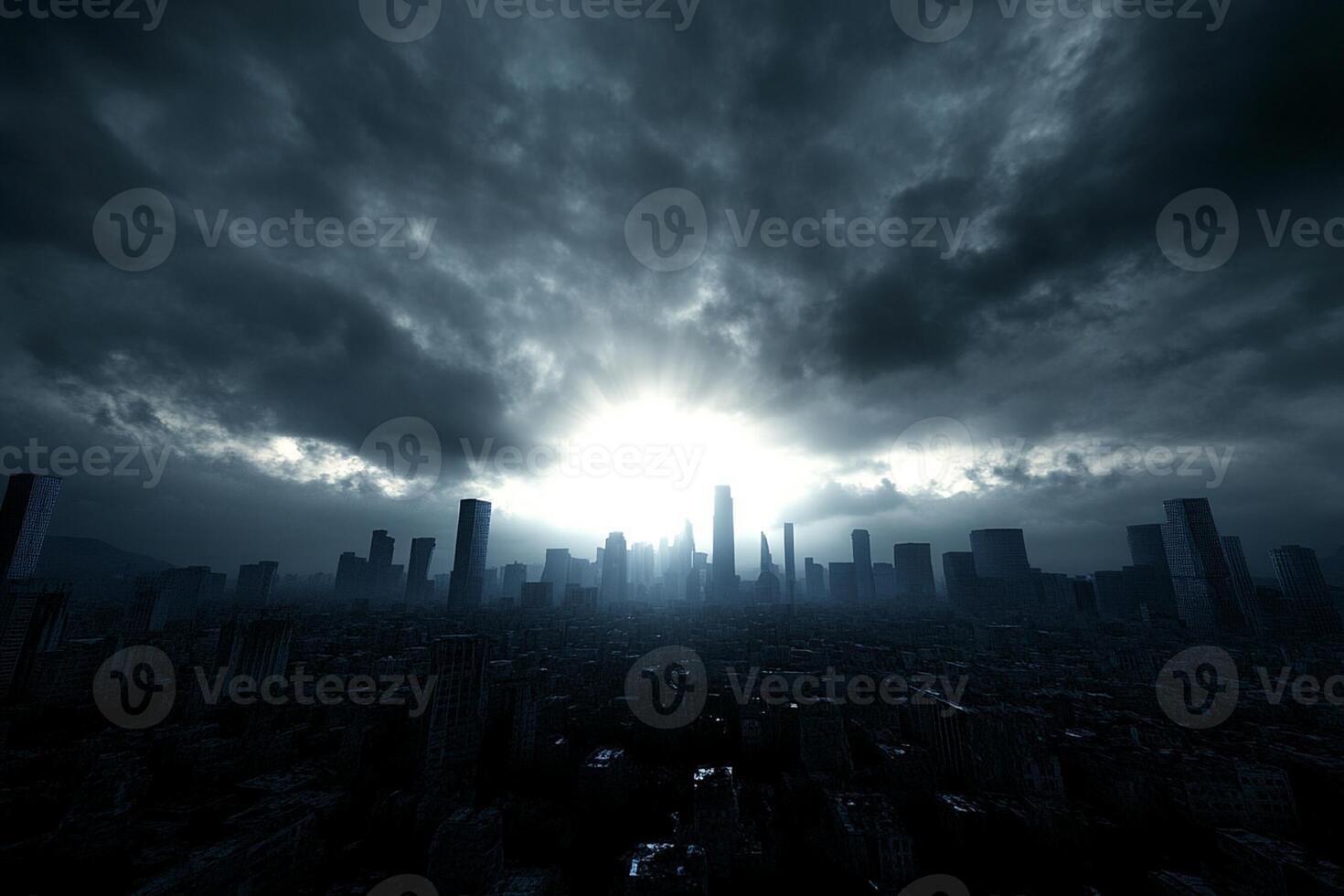 A dark city with a sun shining through the clouds photo