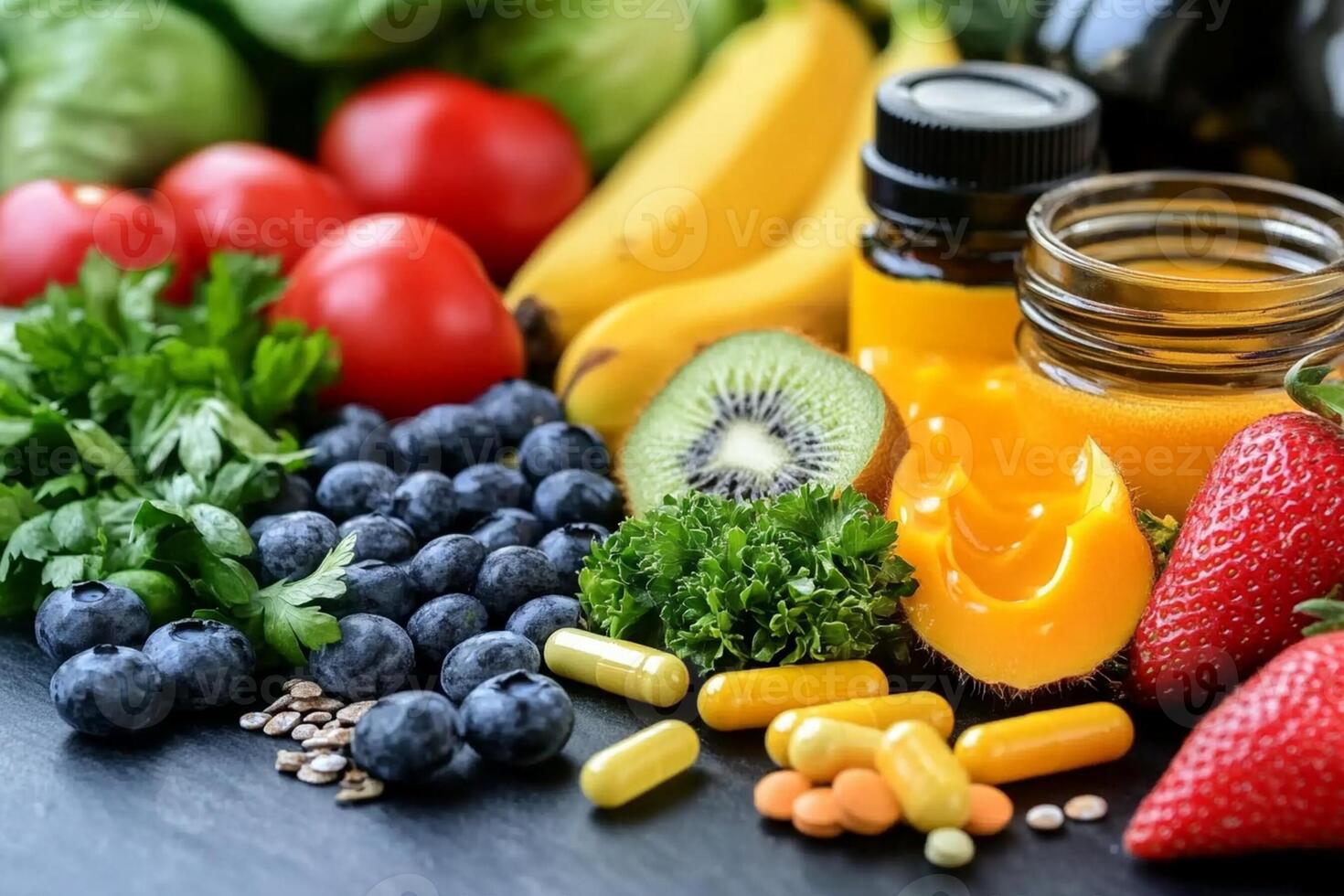 Various fruits and vegetables are sitting on a table photo