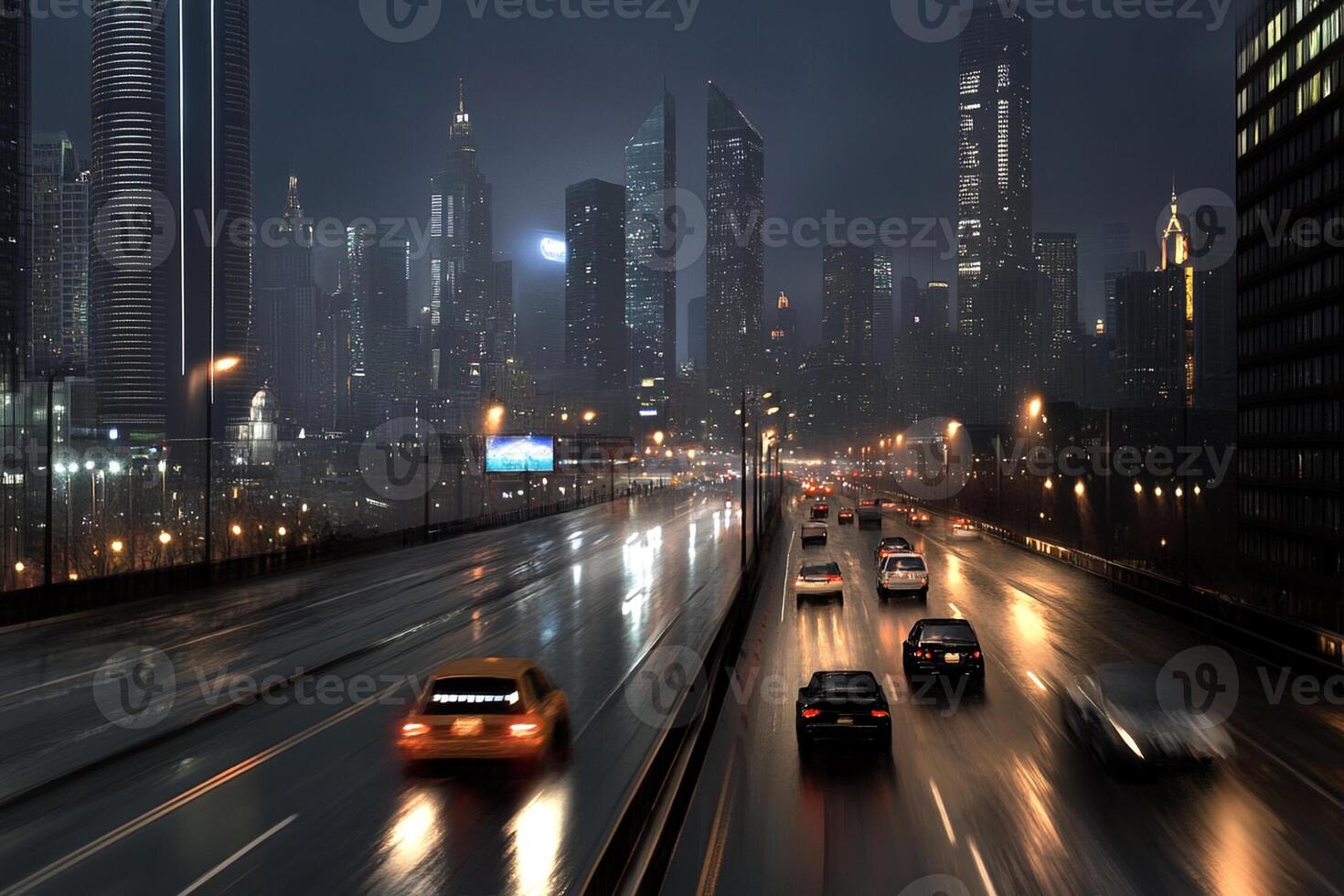 A city street at night with cars driving on it photo