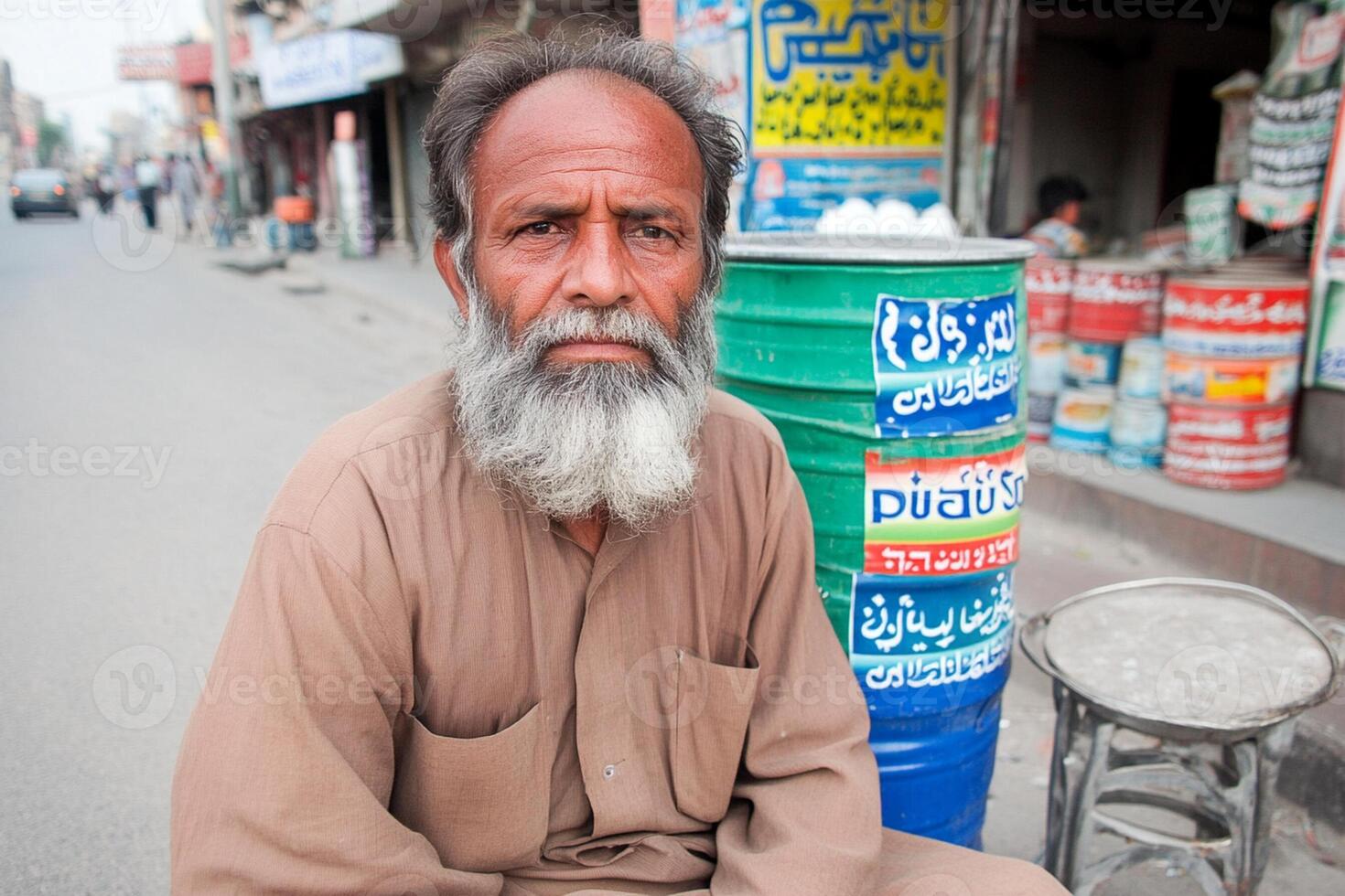A man sitting on a street corner photo