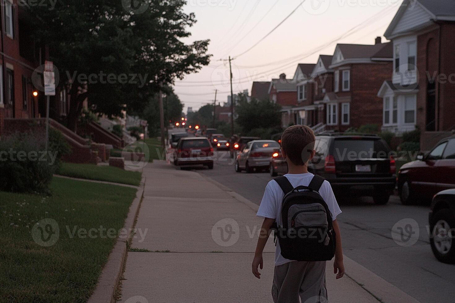 A young boy walking down a street with a backpack photo