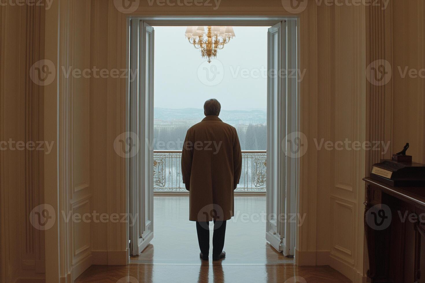 A man in a coat standing in an open doorway photo