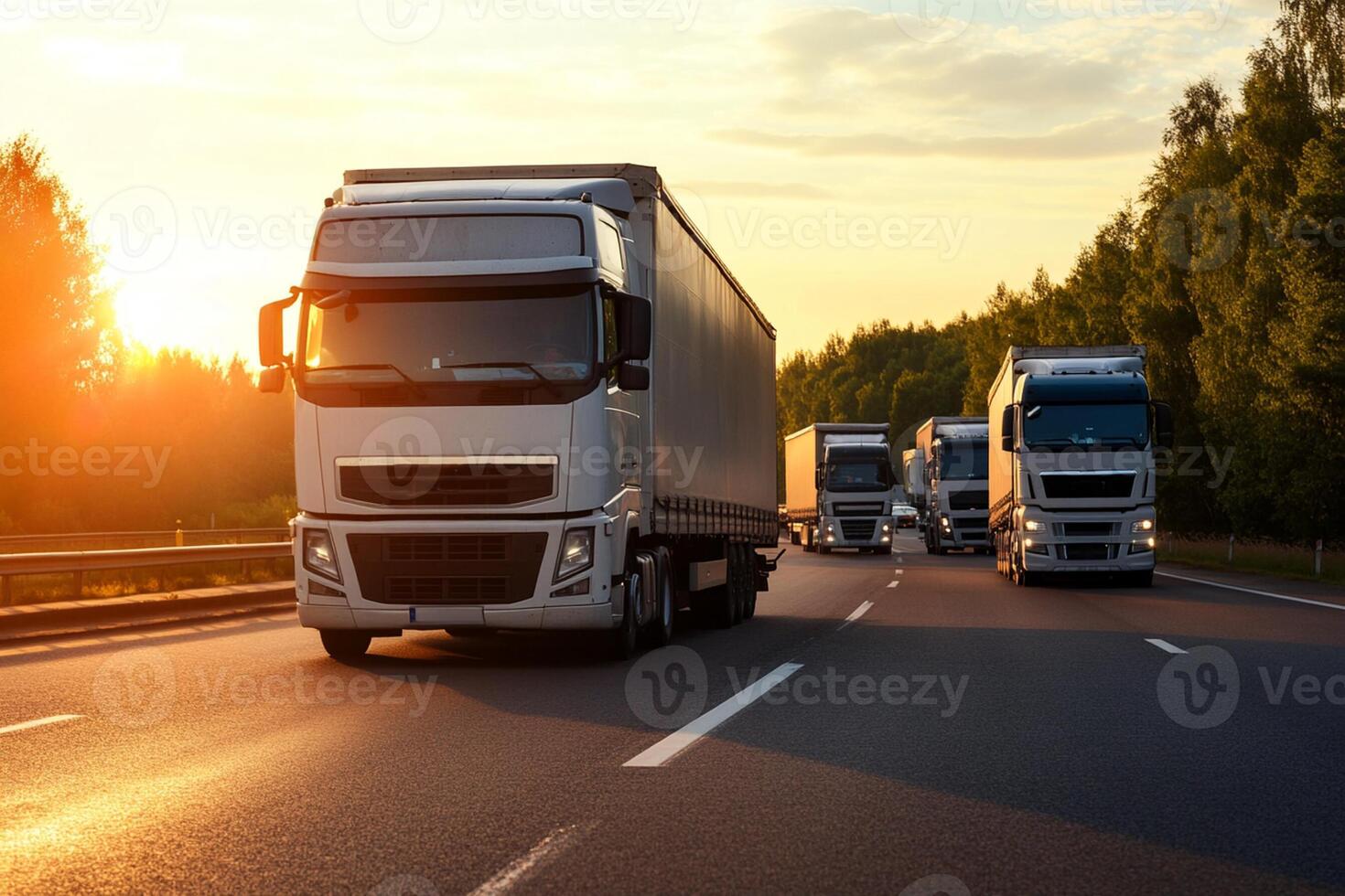 Trucks driving on a highway at sunset photo