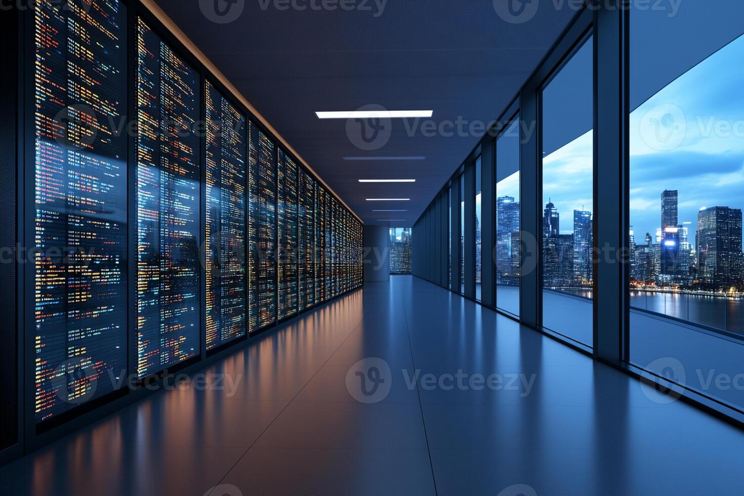 A long hallway with many rows of data on the wall photo