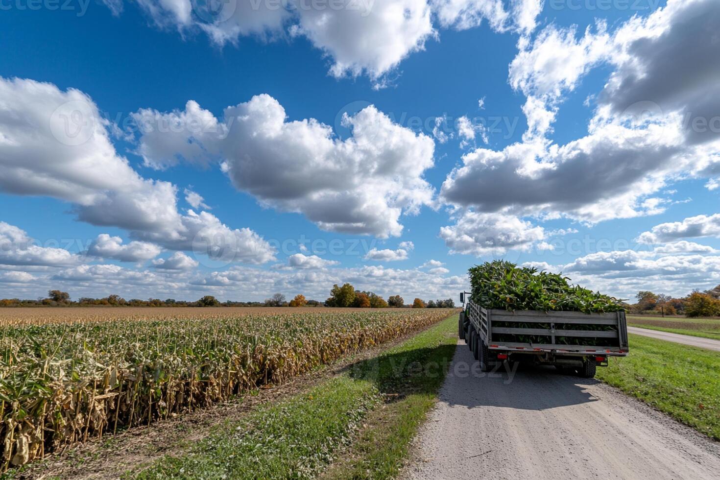 A truck is driving down a road with corn and clouds in the sky photo