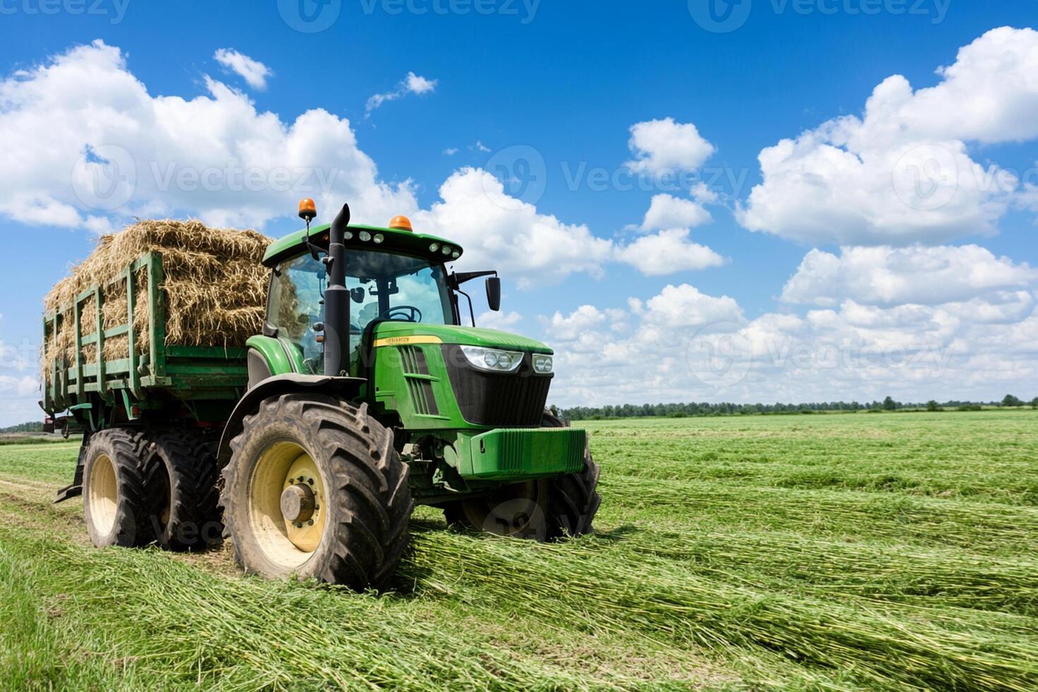 A tractor is driving through a field with hay photo