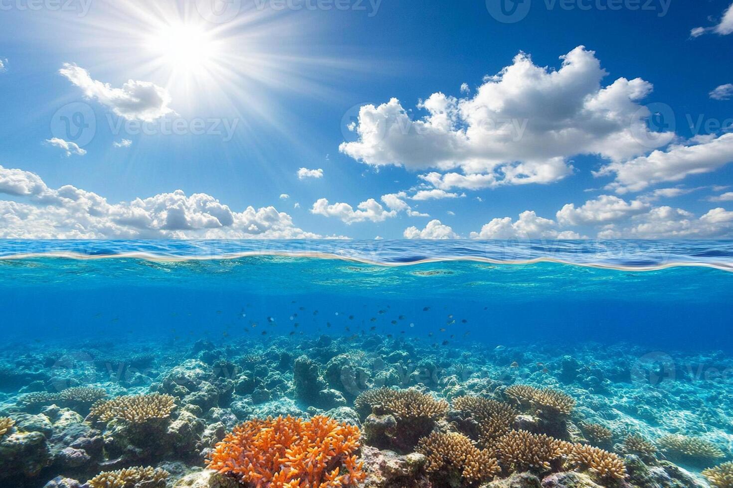 Underwater view of coral reef and sun photo
