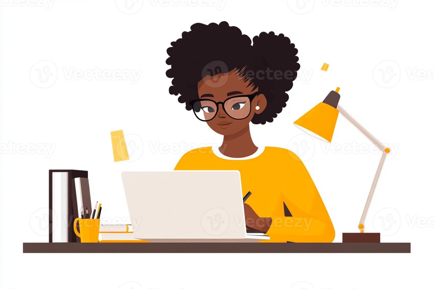 An african american woman in glasses is working on her laptop photo