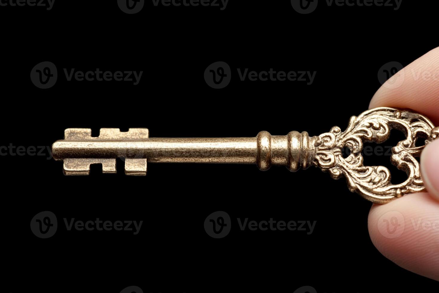 A person holding a key with a gold design photo