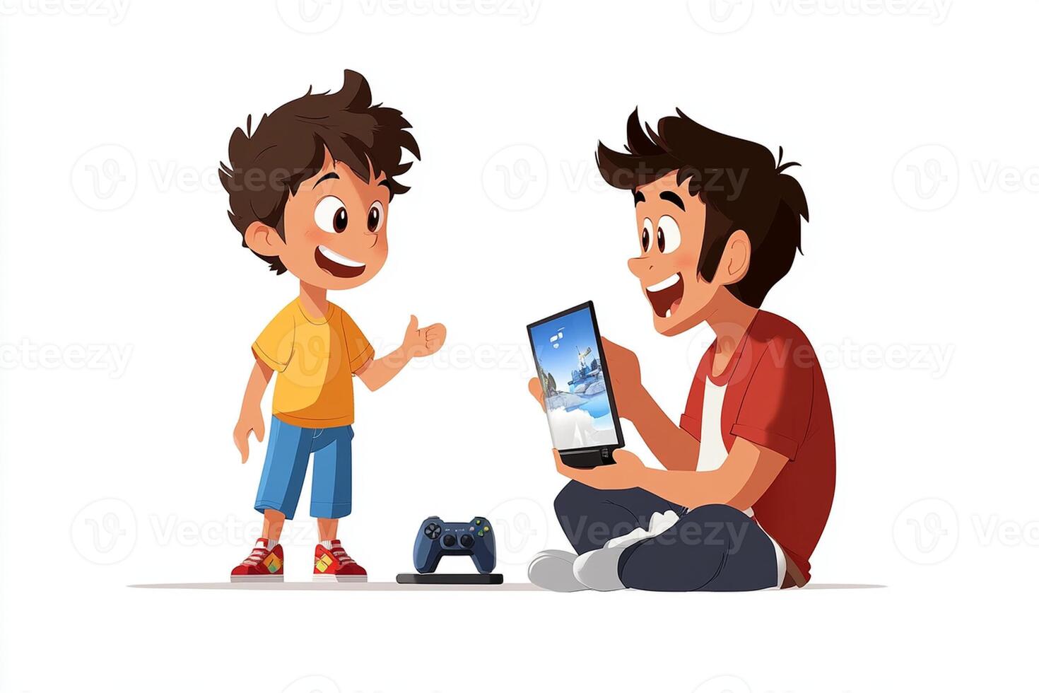 A man and boy playing with a tablet photo