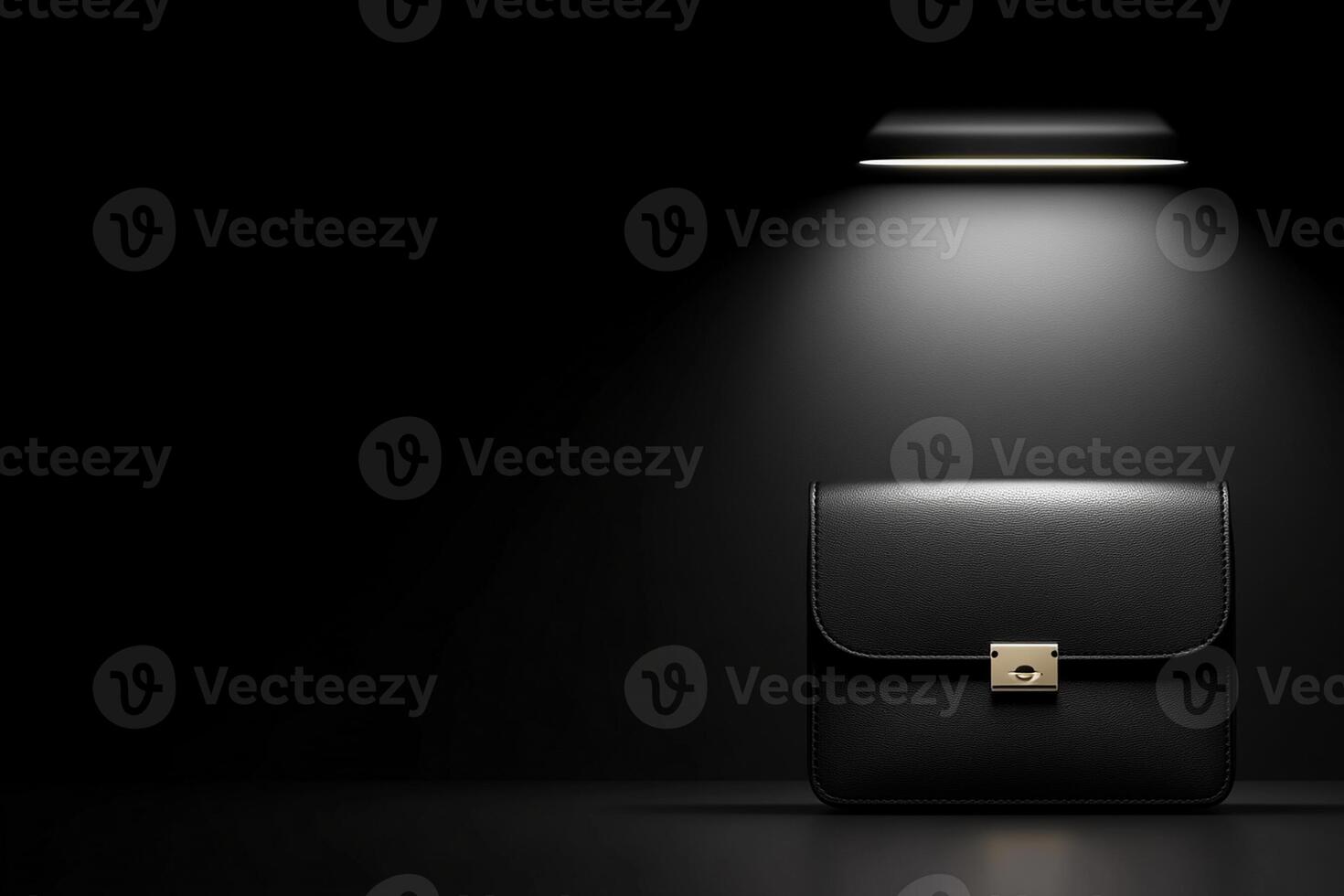 Black leather briefcase with light on dark background photo