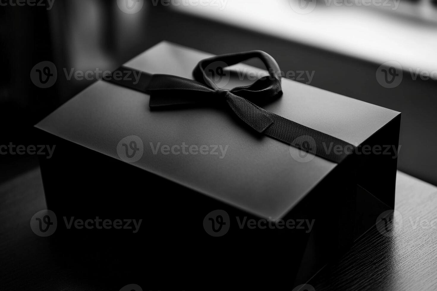 Black gift box with black ribbon on wooden table photo