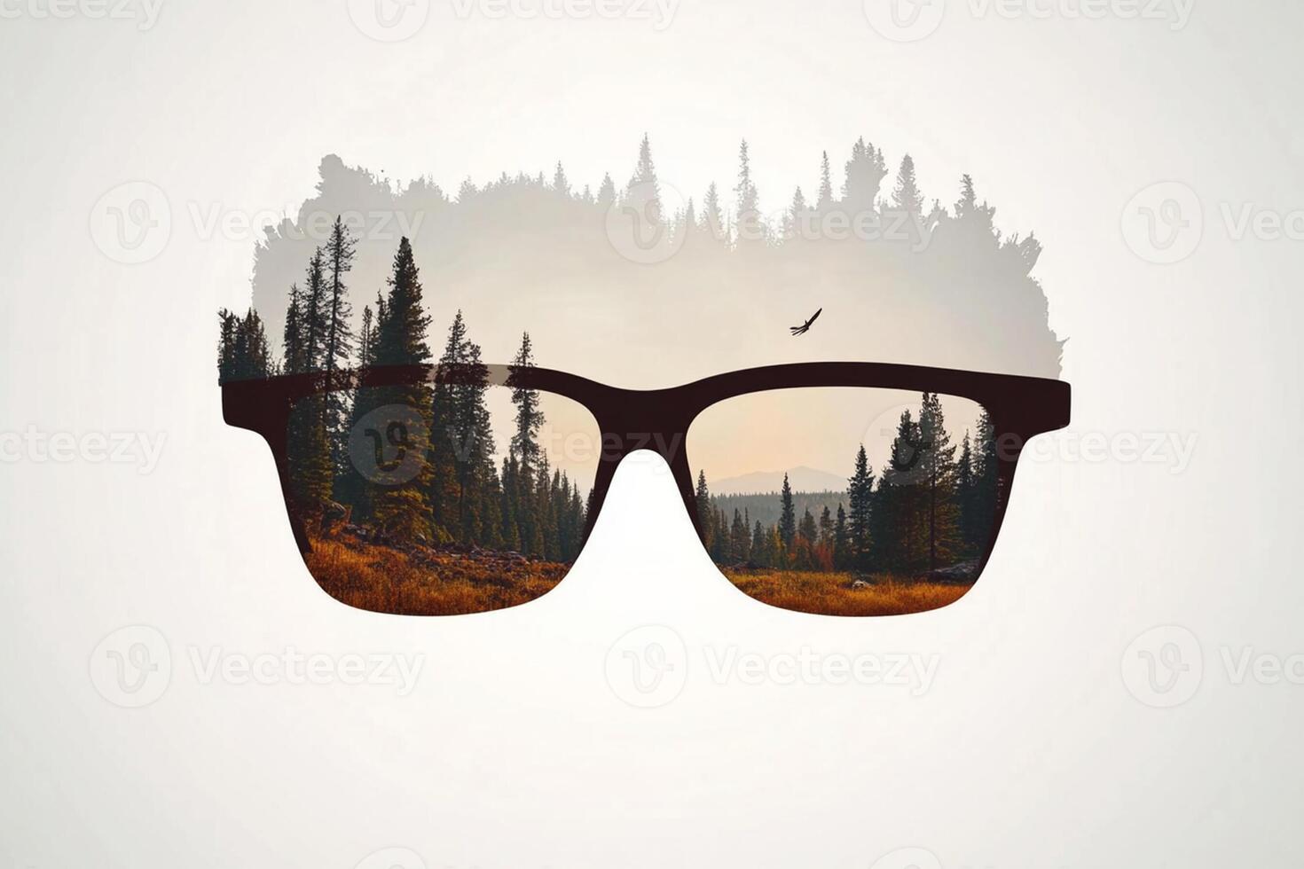A pair of sunglasses with a forest in the background photo