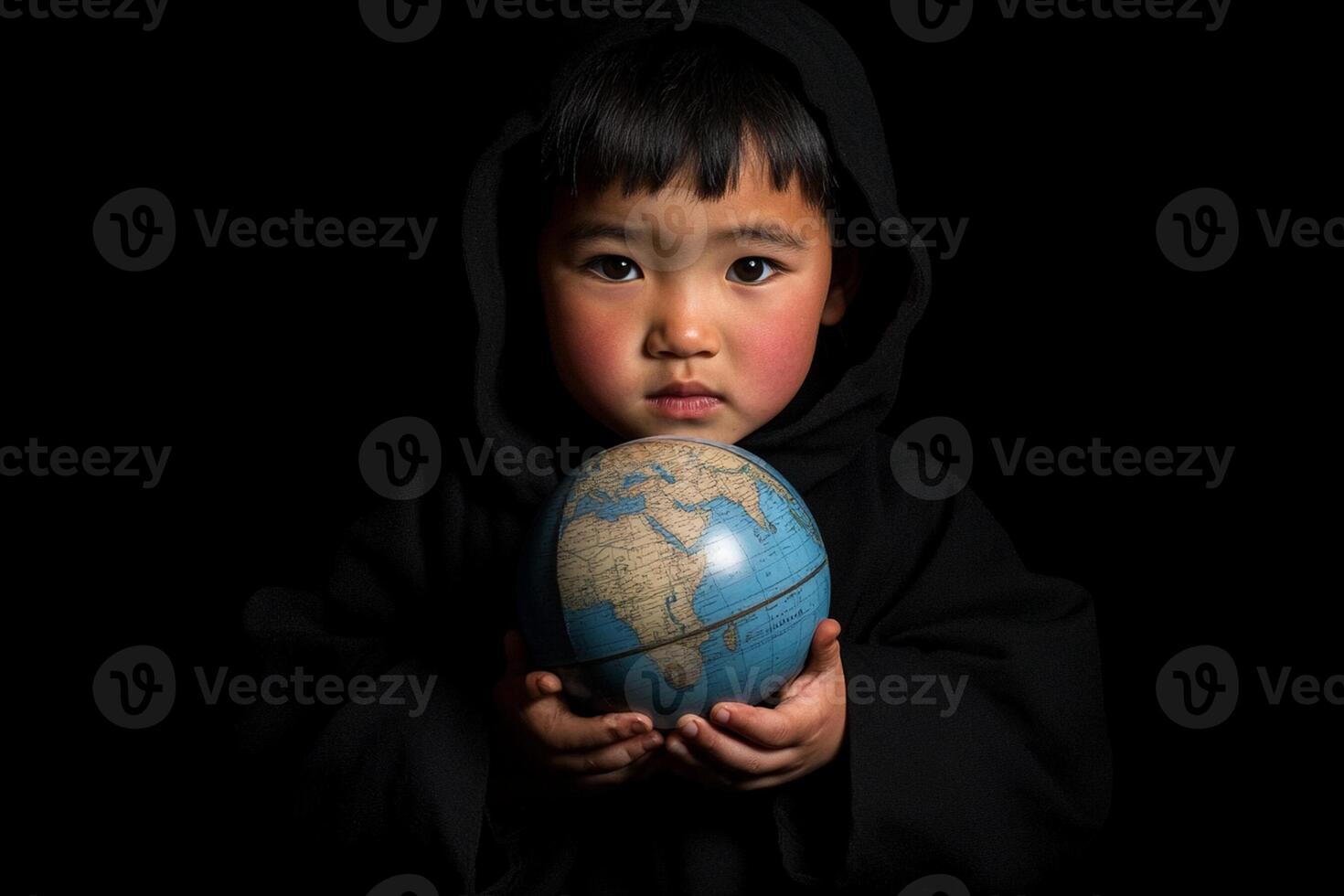 A young boy in a hoodie holding a globe photo