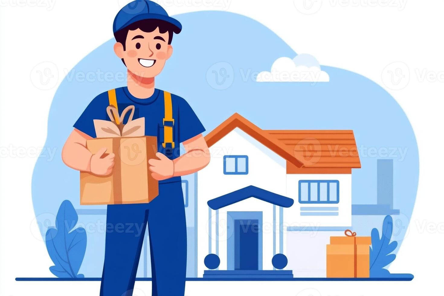 A delivery man is holding a package and standing in front of a house photo