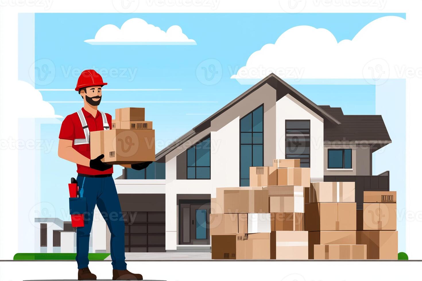 A man in a red hat and red shirt is holding boxes outside of a house photo