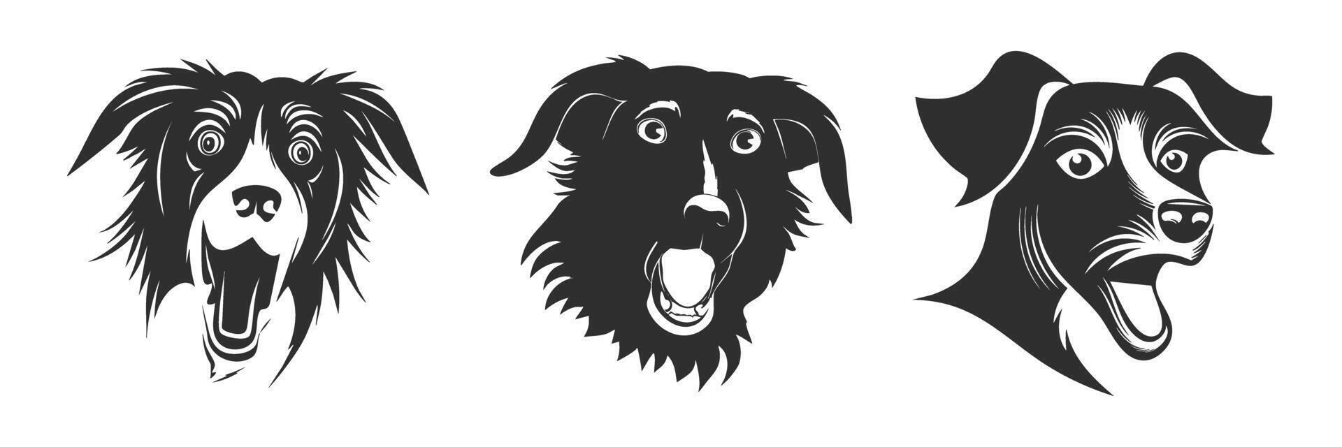 Dog Faces Silhouette Set. Expressive Canine Emotions In Black And White Isolated Illustration Collection vector