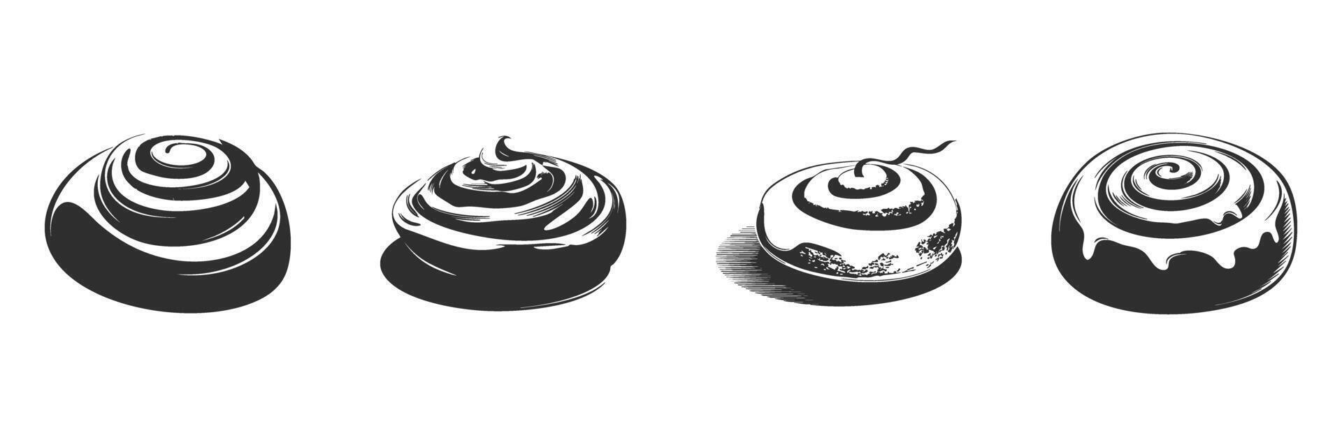 Cinnamon Rolls And Pastries Silhouette Set. Bakery And Dessert Icons For Culinary Design Isolated Illustration Collection vector