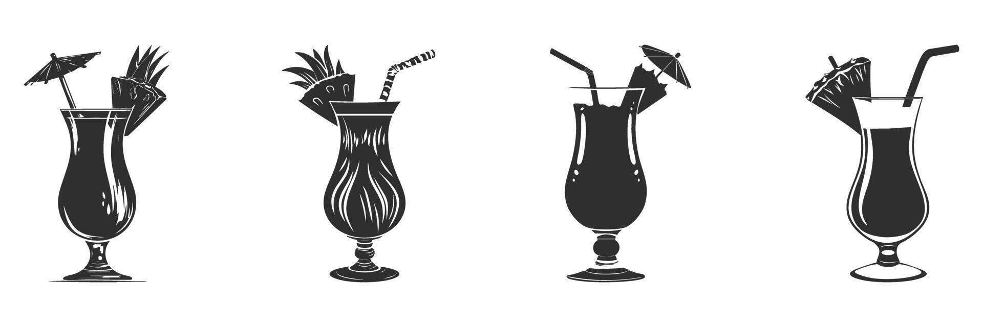 Tropical Cocktail Glasses Silhouette Set. Exotic Beverage Icons With Umbrellas And Fruit Garnishes Isolated Illustration Collection vector