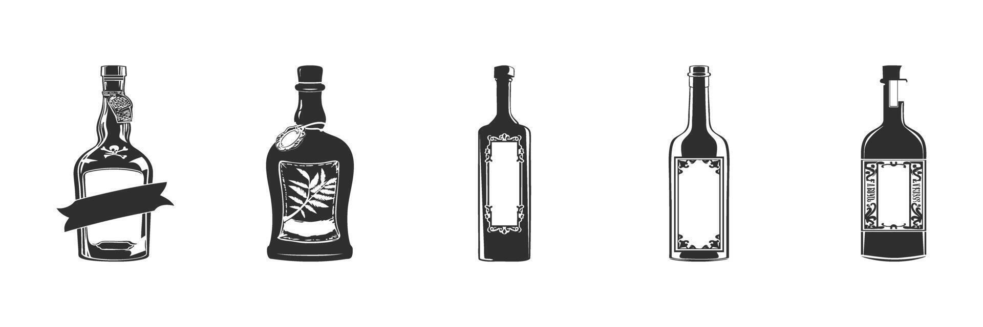 Vintage Bottle Silhouette Set. Decorative Labels And Designs For Spirits And Liquor Packaging. Isolated Illustration Collection vector