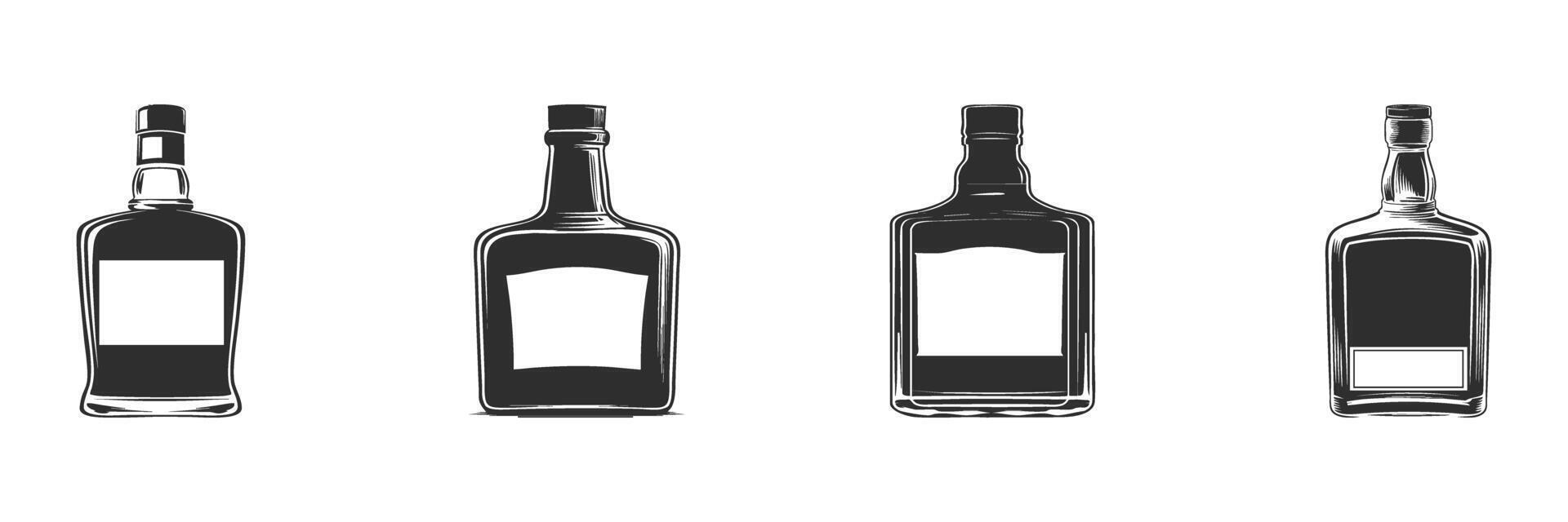 Whiskey Bottle Silhouette Set. Classic Beverage Packaging Design Elements Isolated Illustration Collection vector