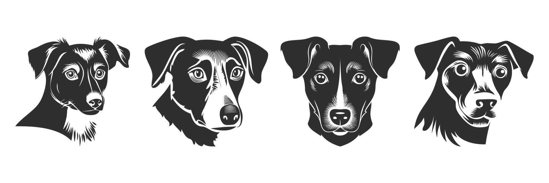 Dog Head Silhouettes Set. Canine Expressions And Breeds In Black And White. Isolated Illustration Collection vector