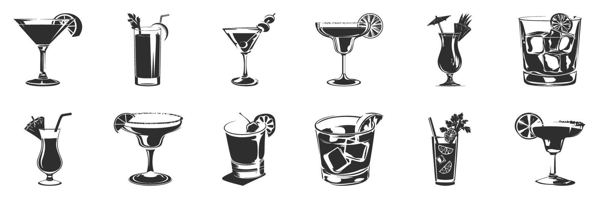 Cocktail Glasses And Drinks Silhouette Set. Variety Of Beverage Icons For Bar And Party Themes. Isolated Illustration Collection vector