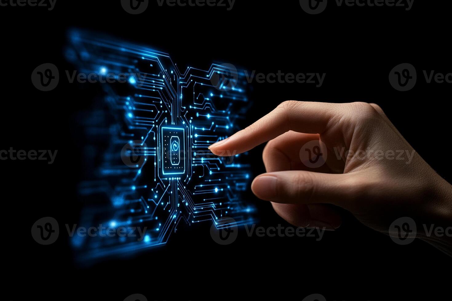 A hand is touching a circuit board with a digital image photo