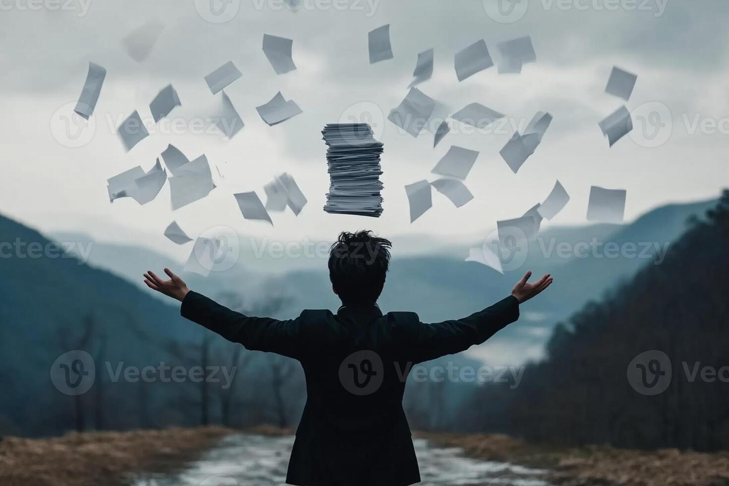 Man in suit holding up stack of papers photo